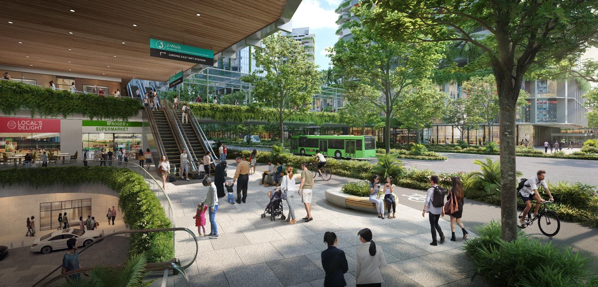 Artist's impression of the pedestrian networks coming together to form a fast-lane pedestrian route between the existing Jurong East MRT Station and the future Jurong Lake District MRT Station.